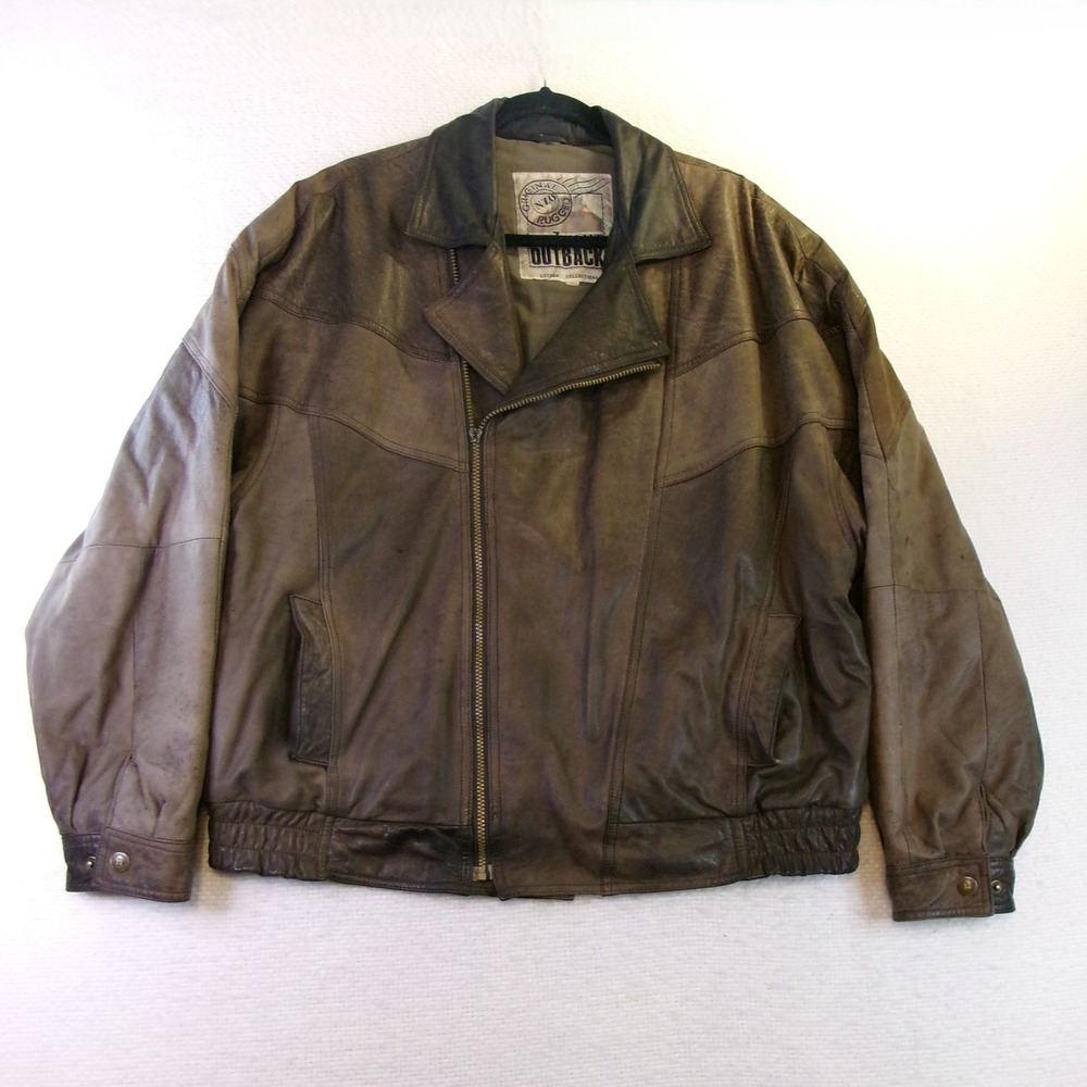 Outback Mens XL Leather Bomber Jacket Brown‎ Asymmetrical Zip Cooper Collection